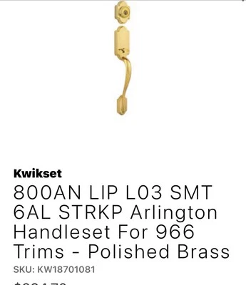 Juego de manijas 800AN LIP L03 SMT 6AL STRKP Arlington para adornos 966 - latón pulido Foto 1 de 3