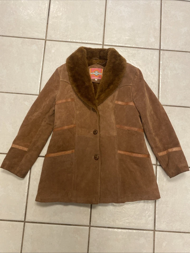 Abrigo Chaqueta de Cuero Ms Pioneer Años 70 Cuello de Piel Sintética Boho Hippie Western L/XL Foto 1 de 4