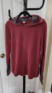 7th Ray Hodded Shirt Women's Long Sleeves Dark Red Soft Peacock Design M/L - Picture 1 of 6