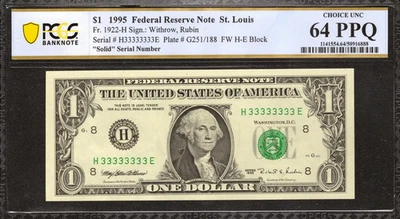 1995 $1 FEDERAL RESERVE NOTE ST LOUIS FR.1922-H PCGS 64 CU - SOLID S/N 333 (333E - Image 1 of 2