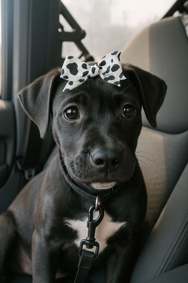 Cow Print Dog Bow, Black and White Pet Hair Bow, Puppy Bow with Elastic, Cute Do - Image 1 of 1