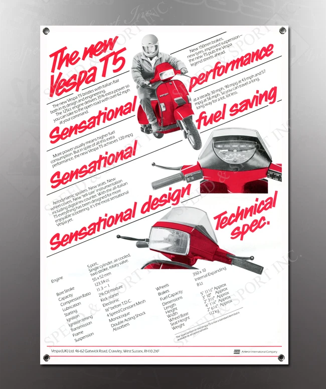 VINTAGE VESPA 1986 T-5 IMAGE BANNER NOS IMAGE REPRODUCTION - Imagem 1 de 1