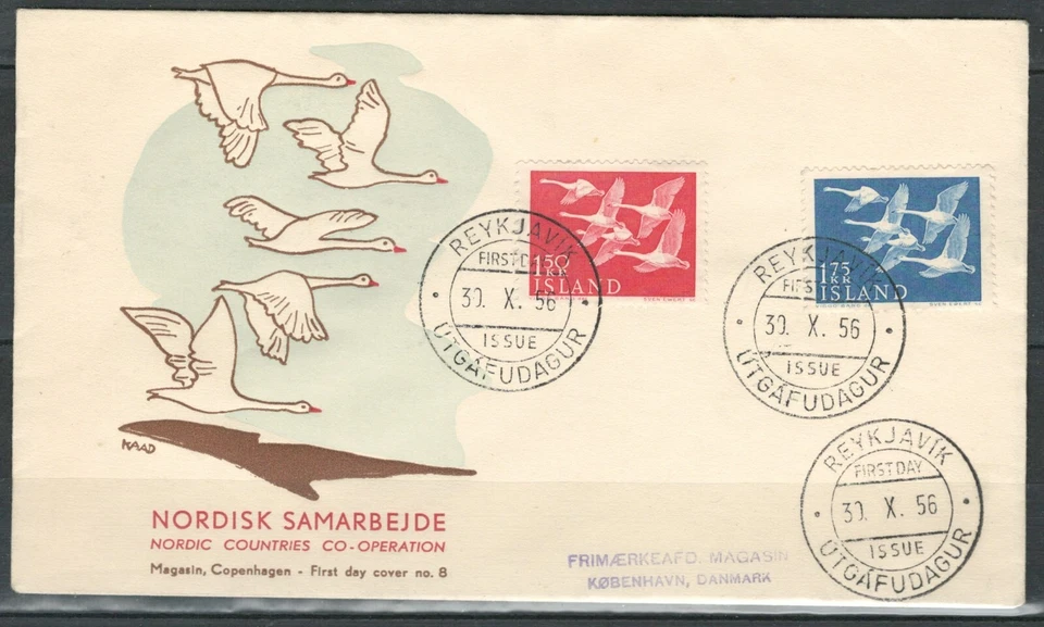 ICELAND NORDIC COUNTRIES CO-OPERATION BIRDS ILLUSTRATED FDC 1956  LOT(ISLAND 92) - Image 1 of 1