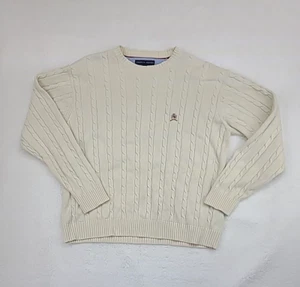 Tommy Hilfiger Sweater Mens Large Cable Knit Ivory Embroidered Crest Fisherman - Picture 1 of 16