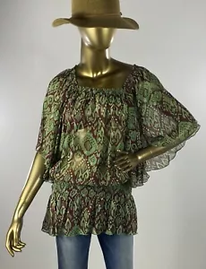 Sundance Silk Green Ikat Print Blouson Blouse Boho Sz M EXCELLENT - Picture 1 of 7