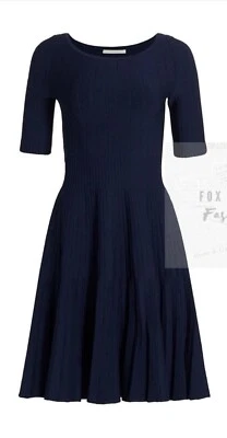 $1395 JASON WU COLLECTION Ribbed Knit Pleated A-Line Fit & Flare Dress XS Navy - Image 1 of 4