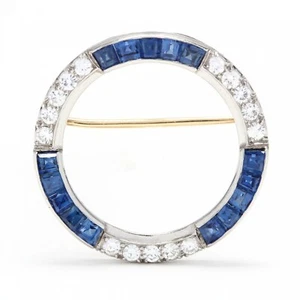 Vintage Lab Diamonds & Blue Sapphire Open Circle Bow Brooch 925 Sterling Silver - Picture 1 of 6