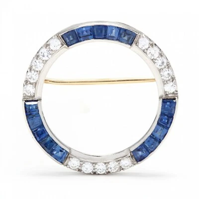 Vintage Lab Diamonds & Blue Sapphire Open Circle Bow Brooch 925 Sterling Silver - Image 1 of 4