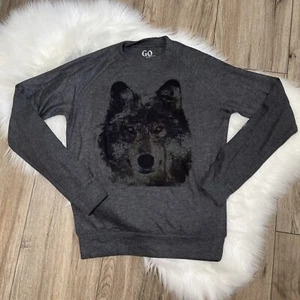 Go Couture Vintage Edition Womens Grey Wolf Face Crew Long Sleeve Shirt Small - Picture 1 of 8