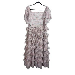 JessaKae Damen 1XL Plus Elfenbein Blumen Chiffon gesmoktes Kleid lang Maxi Stufen - Bild 1 von 14