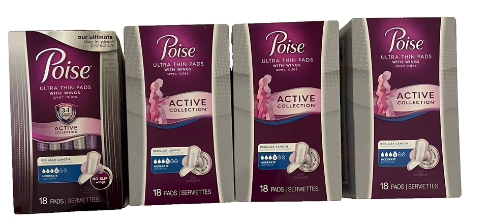 Almohadillas Ultra Delgadas Poise con Alas, Colección Activa, Moderadas, 18 Almohadillas (Paquete de 4) Foto 1 de 1