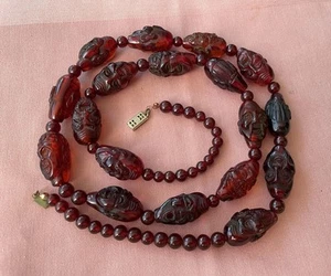 Vtg Chinese Buddha Monk Arhat Carved Cherry Amber Bakelite Beads 33” Necklace.u - Picture 1 of 12