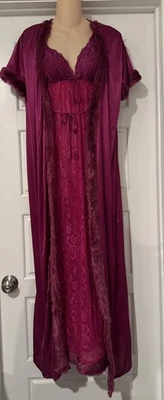 VTG Full Length Pegnoir Set Gown Robe Faux Fur Trim Purple Lace Pink Skin Wrap - Image 1 of 4