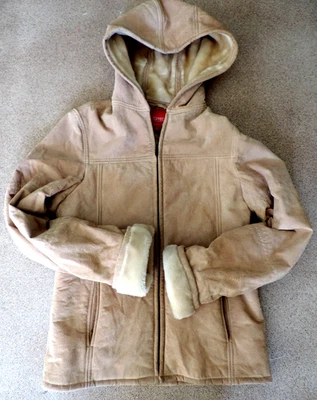 复古 y2k Esprit 米黄色棕褐色绒面革皮大衣人造夏尔巴毛皮衬里 尺寸 M — 第 1/4 张图片