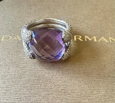 Anillo de cóctel David Yurman 14x14 mm talla 7 amatista, diamantes 0,304 CTW NUEVO SIN ETIQUETAS Foto 1 de 4