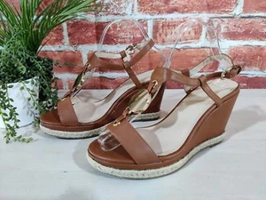 NINE WEST BROWN SANDALS UK 7.5 EU 40 FAUX LEATHER HIGH WEDGE ESPADRILLE WOMENS - Picture 1 of 5
