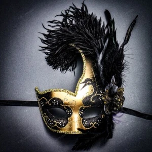 Ostrich feather Venetian Masquerade Costume Eye Mask Glitter Swan Black Gold - Picture 1 of 4