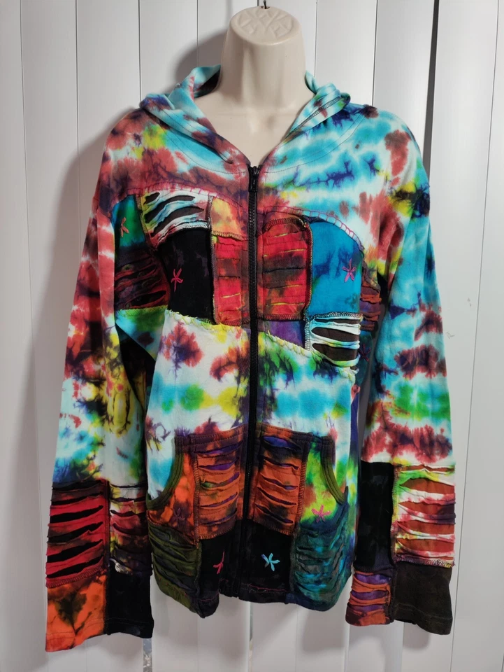 Karma Circle Women Small Med Multicolor Zip Hoodie Tie Dye Embroider BOHO Hippie - Image 1 of 4