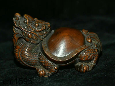FengShui Chinese Boxwood Wood Hand Carved Longeity Wealth Dragon Turtle Statue - Image 1 of 4