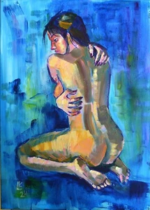 28x20 Original Acrylic Nude Woman Blue Figurative Art Canvas Modern Wall Decor - Picture 1 of 8