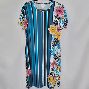 Vestido para mujer LuLaRoe rayas verticales azul tropical manga corta bolsillos mediano - Imagen 1 de 2