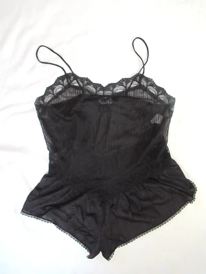 Mameluco de peluche vintage BBW BIG BEAUTIFUL WOMAN XL 38/40 encaje negro nailon sedoso Foto 1 de 4