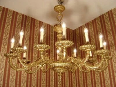 CHANDELIER LARGE ANTIQUE BRASS HEAVY OVAL SPANISH 12 LIGHT BRASS LIGHTINGS Ø46" — 第 1/4 张图片