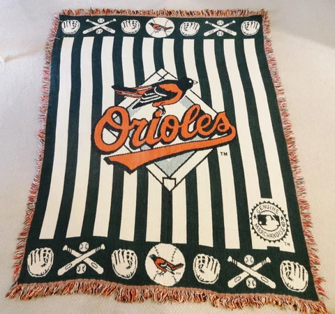 Vtg BALTIMORE ORIOLES THROW BLANKET Green Stripe Orange MLB 48x60 Woven Tapestry Cover