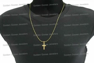 14K Yellow Gold Plain Jesus Cross Religious Pendant 20" Figaro Chain Mens Womens - Picture 1 of 6