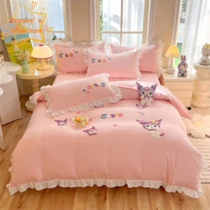 Kuromi Student Dormitory Bedding Sheet Quilt Cover Pillow Case Embroidery 3/4PCS - Picture 1 of 29