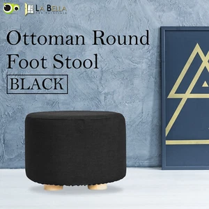 Fabric Ottoman Round Foot Stool Rest Pouffe Wooden Leg Padded Seat - BLACK - Picture 1 of 12