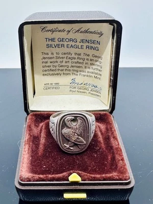 Georg Jensen Silver Eagle Ring, w/ Original Ring Case and Certificate (Sz 9 1/2) Foto 1 de 4