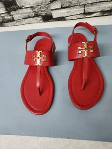 Tory Burch EVERLY T-Riemen rot gold Logo Slingback flache Sandalen Größe 6,5M - Bild 1 von 9