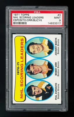 1971 Topps #3 NHL Scoring Leaders: Phil Esposito/Bobby Orr/Johnny Bucyk PSA 9 Foto 1 de 2