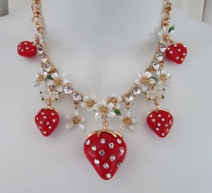 Betsey Johnson Strawberry Floral Necklace Rhinestone Gold tone Gift Box NWT - Picture 1 of 5