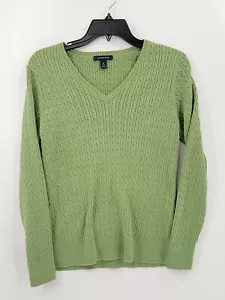 Lands End Juniors Size M 10-12 Color Green V Neck Long Sleeve Cable Knit Sweater - Picture 1 of 5