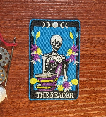 Book Reader Patch Tarot Card Literature Writing Embroidered Iron On 3.5x2.25" - Image 1 of 3