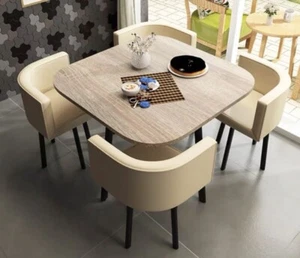 NEW MODERN space saver light brown wooden table & 4 beige PU leather chairs - Picture 1 of 2
