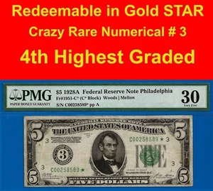 1928A $5 Federal Reserve Note PMG 30 rare wanted Philadelphia star Fr 1951-C* - Picture 1 of 4