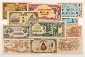 World Notes. Japan & Japanese Occupation of Malay (World War II). 10 Note Lot. - Picture 1 of 3