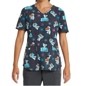 L LARGE Disney Frozen Scrub Top Womens Gray Olaf Funny Ice Print V Neck Uniform - Picture 1 of 5