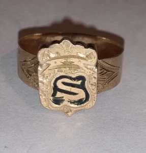 Antiguo esmalte de oro victoriano de 10 K con anillo letra S talla 10,5 cresta familiar para hombre - Imagen 1 de 7