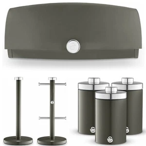 Kitchen Food Storage Set Grey Tea Coffee Sugar Bread Bin Towel Mug Tree Holder - Picture 1 of 12