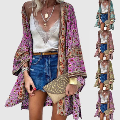  Womens Boho Kimono Cardigan Ladies T-Shirt Floral Summer Bikini Cover Up To ц - Image 1 of 4