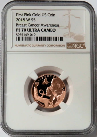 2018 W ROSE GOLD $5 BREAST CANCER AWARENESS COMMEMORATIVE COIN NGC PROOF 70 UC Cover
