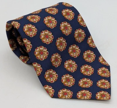 Vtg Richel for O'Connell's Navy Blue Red Brown Medallion Foulard 100% Silk Tie - Image 1 of 3