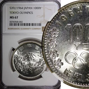 JAPAN Silver S39 1964 1000 Yen Olympics, Tokyo NGC MS67 Nice Toned Y# 80 (002) - Picture 1 of 5