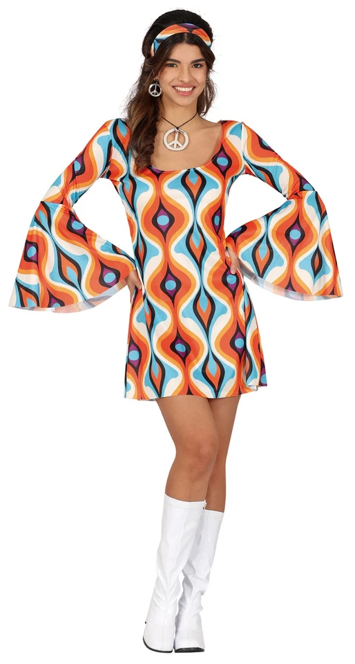 FIESTAS GUIRCA Groovy Hippie Karnevals Kostüm Damen 60er 70er Jahre Kurzes Kleid Outfit Disco