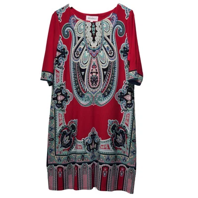 Studio 1 红色佩斯利印花短袖连衣裙 18 码带波西米亚氛围 — 第 1/4 张图片