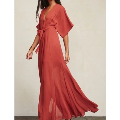 Vestido Reformation Winslow rojo naranja manga acampanada semi transparente envolvente talla M Foto 1 de 4